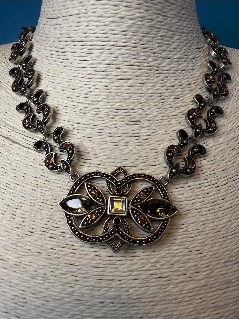 Chico's Gunmetal Necklace with Smoky Brown and Olive-Green Stones and Markesites